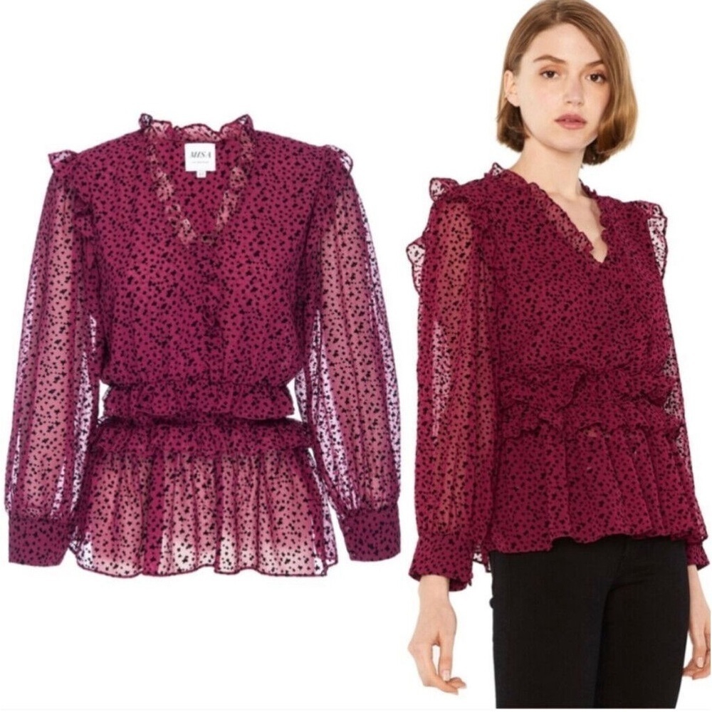 Misa Los Angeles Plum Sheer Ruffle Star Dot Blouse